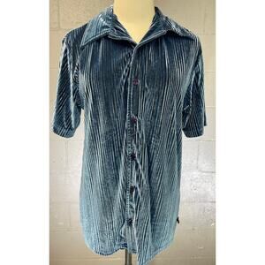 Vintage 1990s Steel Blue Velour Button Up Shirt Epidemic Small Rave Club Disco